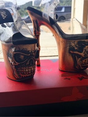 Pleaser Clear Platform Heels with Bronze Skull Accents